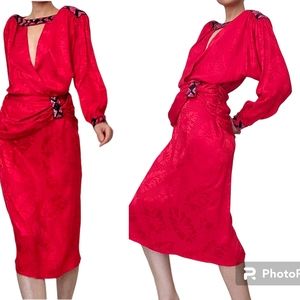Vintage 80's Vanna Red Silk Jaquard Dress with Beaded Sequin Details Size 8